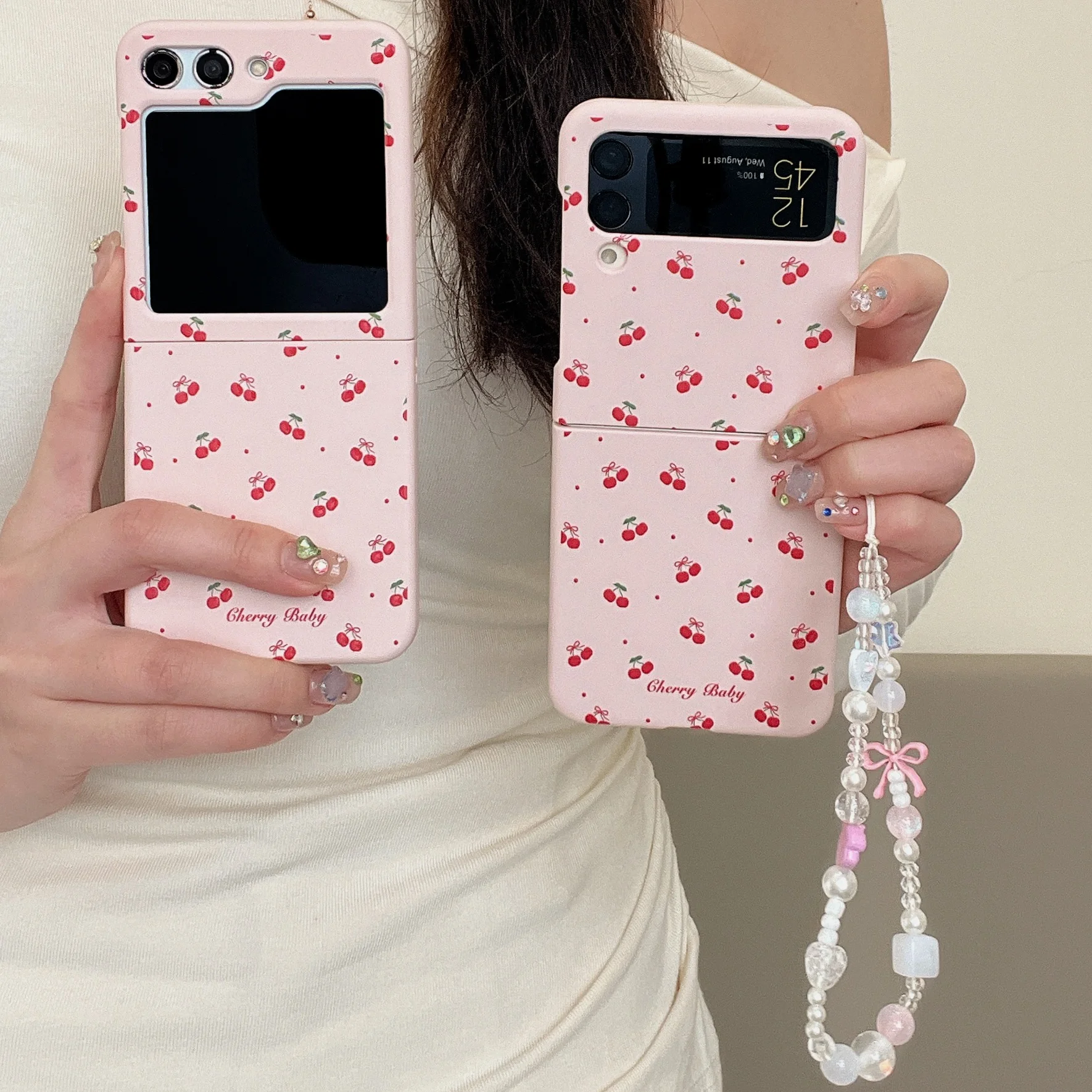Cute Cherry Case For Samsung Galaxy Z Flip 7 6 Bracelet Cover For Samsung Z Flip 5 flip4 3 Skin Feeling Shockroof Phone Cases