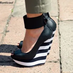 Rontifcool décolleté da donna fatti a mano con zeppa alla caviglia tacchi Peep Toe scarpe Casual nere da donna US Plus Size 5-20