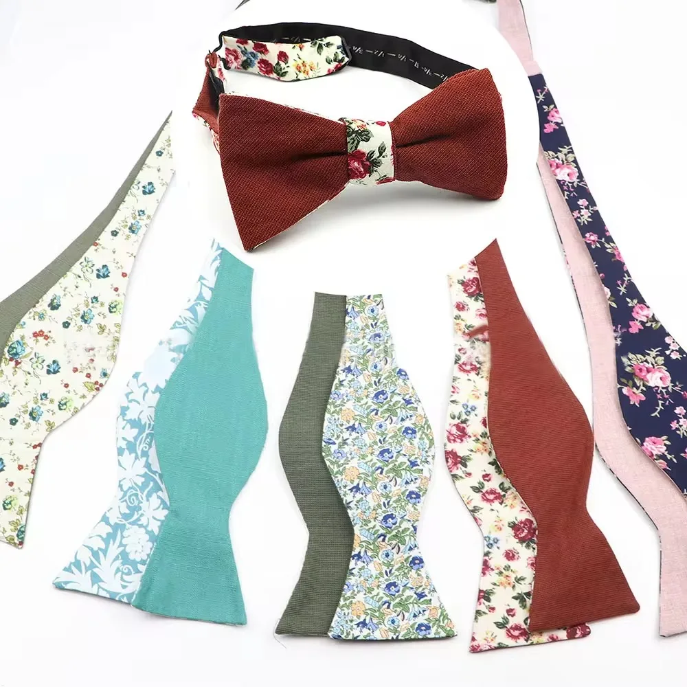 New Fashion Double Side Self Bow Tie Adjustable Bow Tie Men's 100% Cotton Dot Floral Butterfly Wedding Party Two-Color BowTie