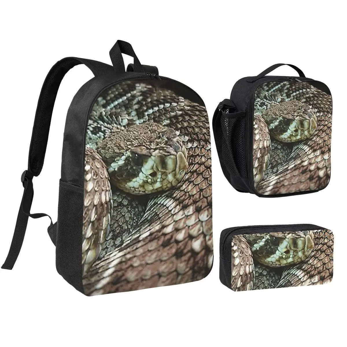 

Snake, Coiled Diamondback Rattlesnake Backpack Student BookBag School Bag Shoulder Bags 3ps Insulated Lunch Bag Pencil Case