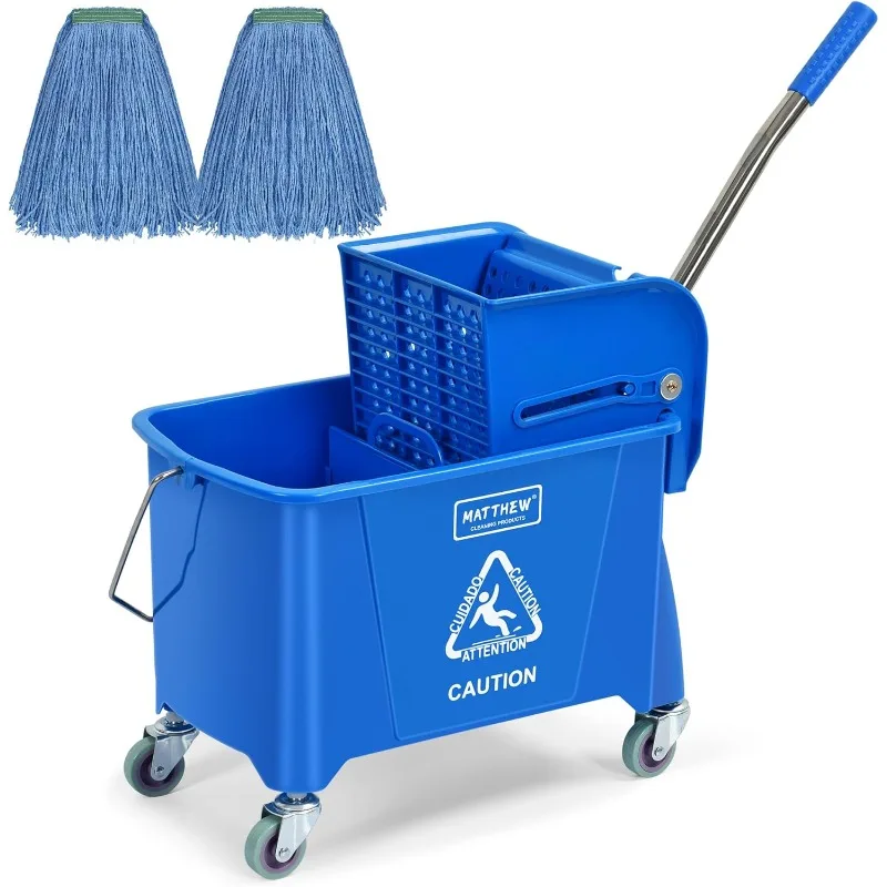 Compact Mop Bucket INCL.2 Pcs Mop Head with Side Press Wringer On Wheels,Tandem Portable Floor Cleaning ,Ideal for Household