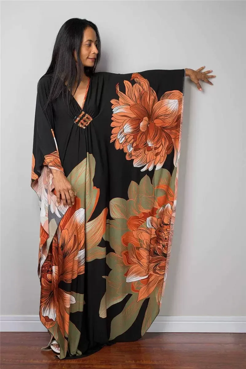 Robe caftan à imprimé Floral pour femmes, manches courtes, Cover-Up pour les maillots de bain, vêtements de détente pour l'été