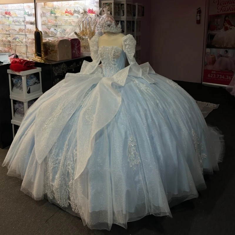 

Sky Blue Shiny Quinceanera Dresses Off The Shoulder Sequin Aplique Lace Beading Crystal Bow Tull Corset Party Birthday Sweet 16