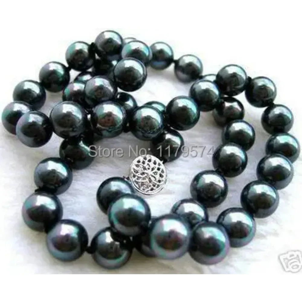 New Discount Charm 10mm Black Shell Pearl Necklace Round Beads Women Girl Gift Jewelry Wedding Christmas Banquet AAA 18inch