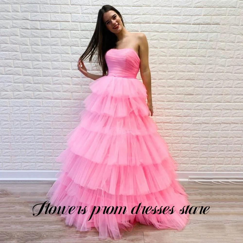 الزهور الوردي فساتين السهرة حمالة الطبقات كعكة اللباس الكرة ثوب الحلو ألف خط فستان المشاهير تول مساء اللباس مخصص #2