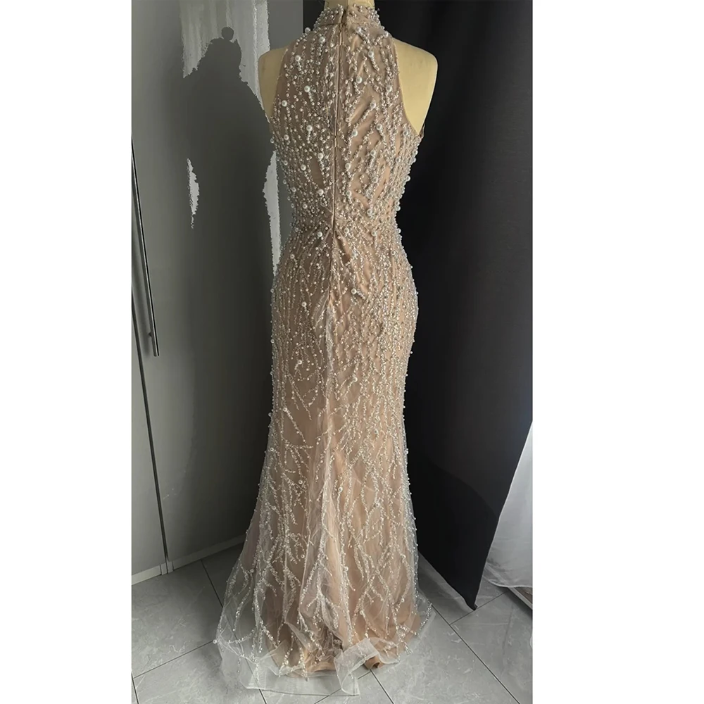 Elegant Nude Mermaid Evening Dress for Women 2024 Luxury Arabic Pearls with Gloves Formal Prom Wedding Party Gowns Customized