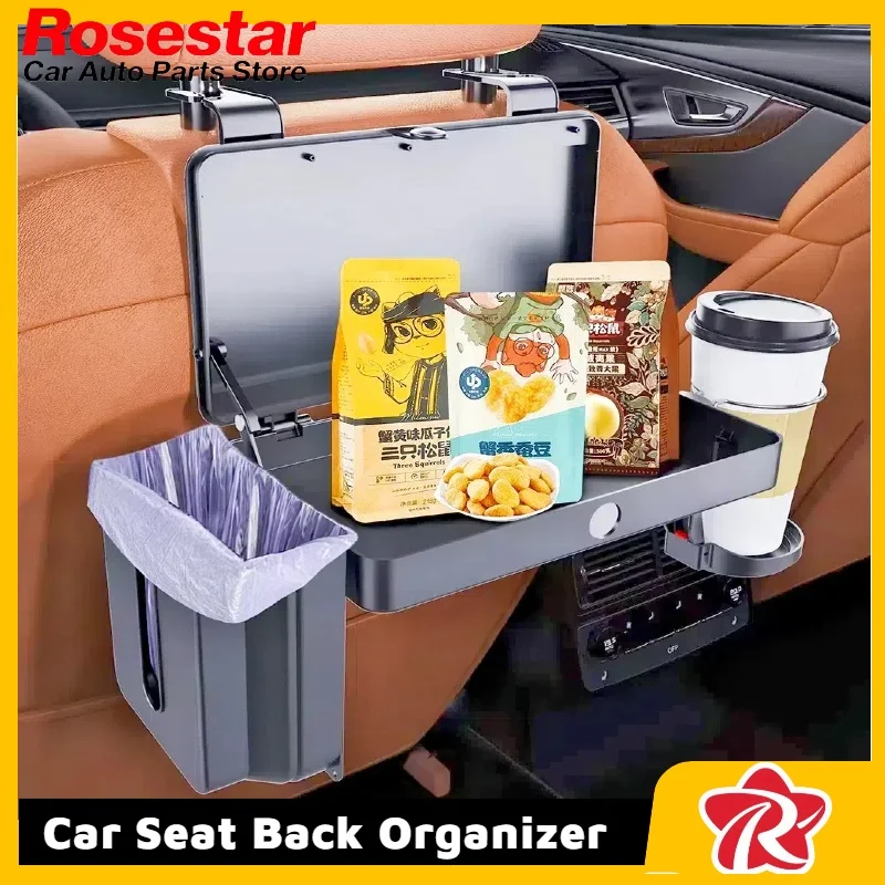 

Premium Black Car Seat Back Organizer Multi-Functional Foldable Storage with Tissue Box Trash Can Cup Holder Foldable Table
