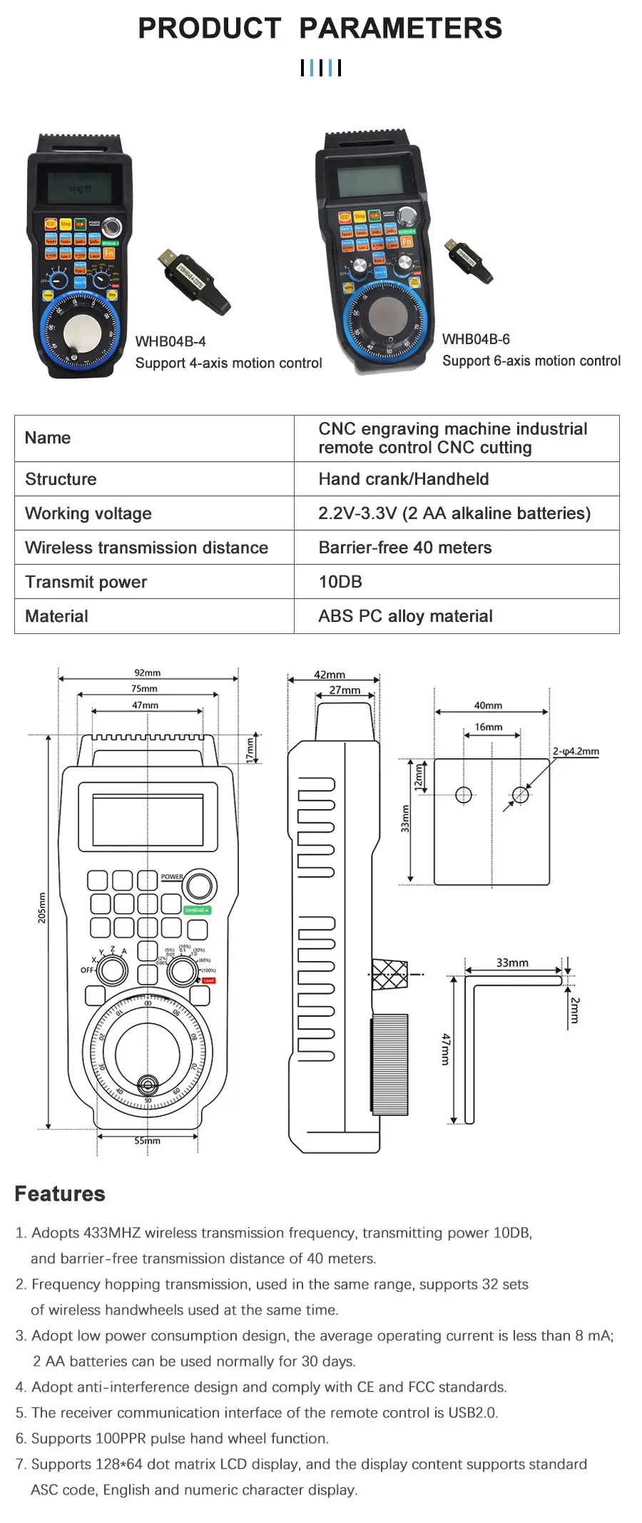 40M Anti‑Interference Wireless Remote Controller WHB04B‑6, Low Power High Efficiency Numerical Control Handwheel for CNC Machine