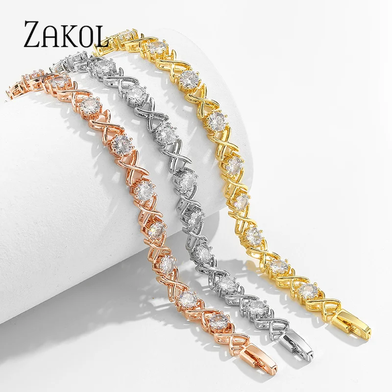 ZAKOL Zircon Cross Bracelets for Women Exquisite Round Cubic Zirconia Bangle Fashion Gold Color Wedding Party Jewelry