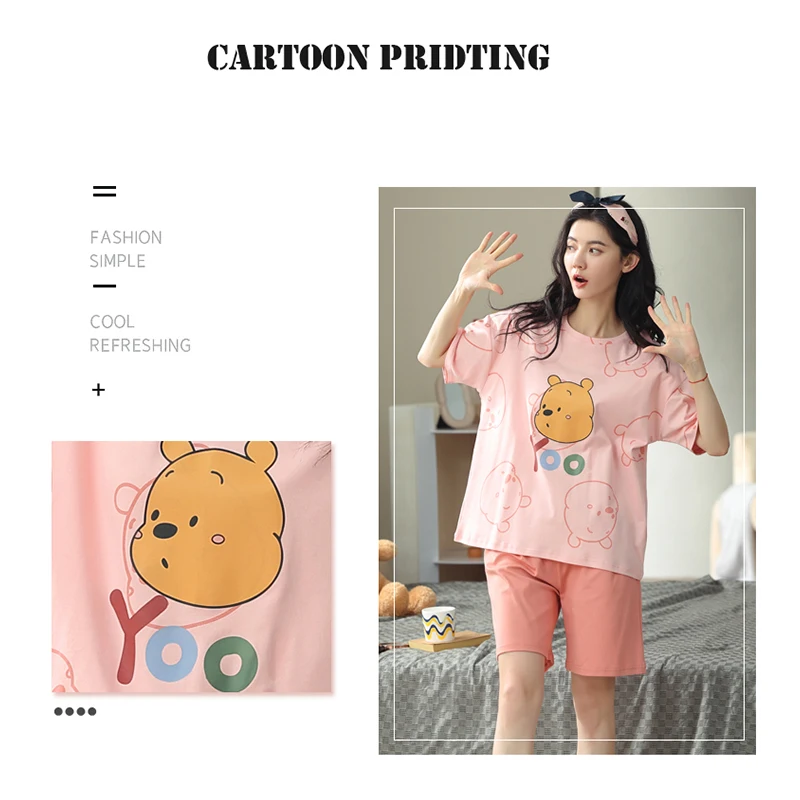 MIIOW Cotton Sleepwear Woman 2 Pieces Set Cute Cartoon Print Women\'s Pajamas Home Comfort Short Sleeve and Shorts Night Wears