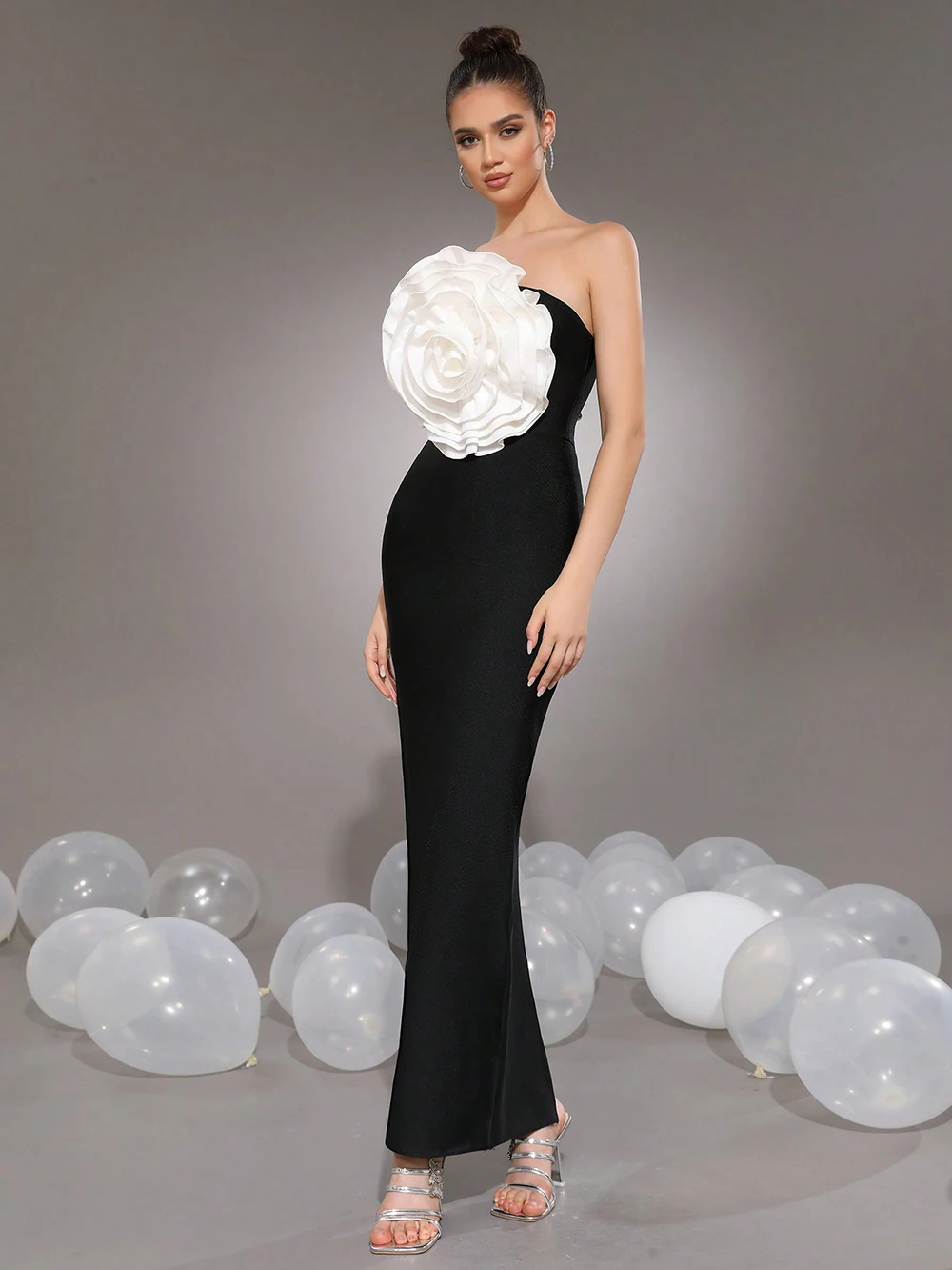 Modphy Elegant 3D Flowers Bodycon Prom Gowns Sexy Strapless Backless Party Bandage Dress Summer Long Evening Dress
