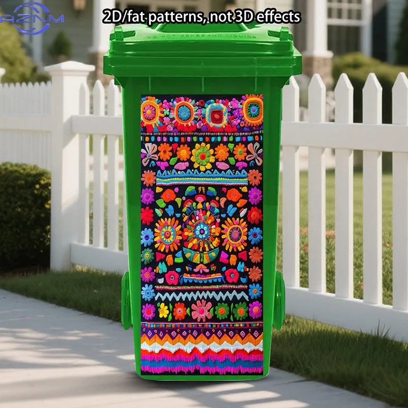 Embroidered Design Trash Can Stickers | Vibrant Colors Peel And Stick, Colorful Motifs, Abstract Trash Can Decals, Gorgeous Se