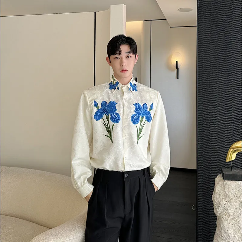 

Spring Autumn ular Embroidered Collar Long Sve Men's irt Trendy Design Unique Korean Sle Outerwear Casual irt