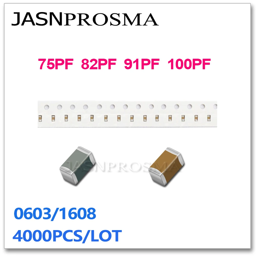 JASNPROSMA 4000 قطعة 0603 1608 COG/NPO X7R بنفايات ± 5% 75PF 82PF 91PF 100PF 101 50V J SMD مكثف عالي الجودة