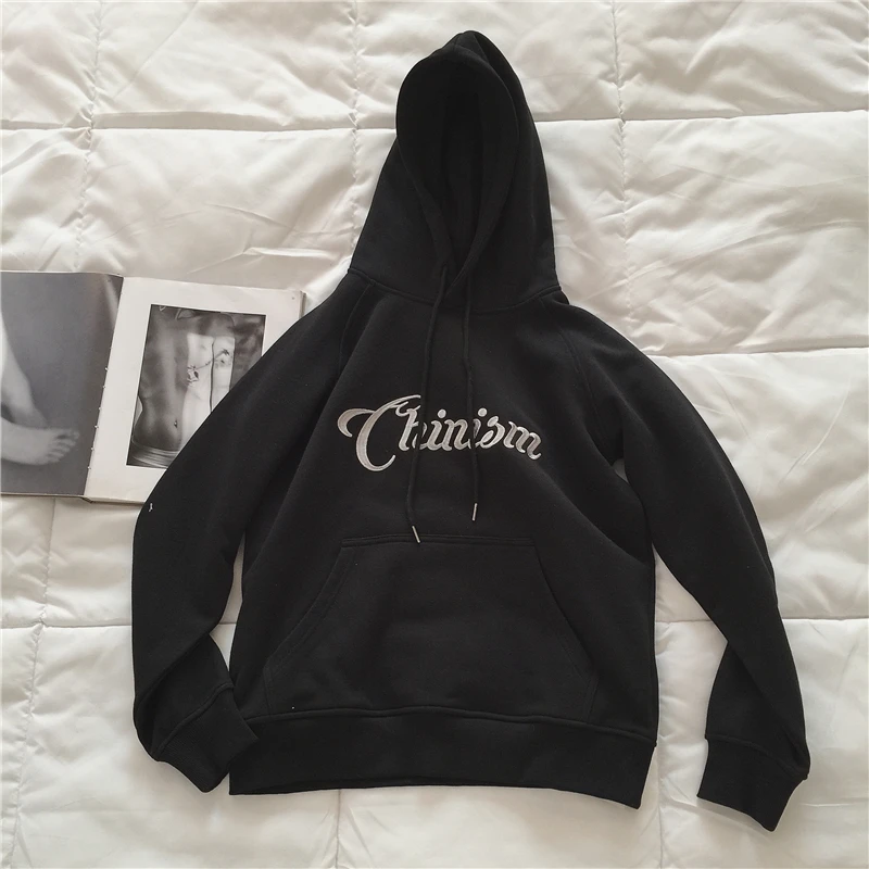 Autumn Sweater Hoodie/Grey/Black Letter Embroidered Plush Hoodie Coat Streetwear Women