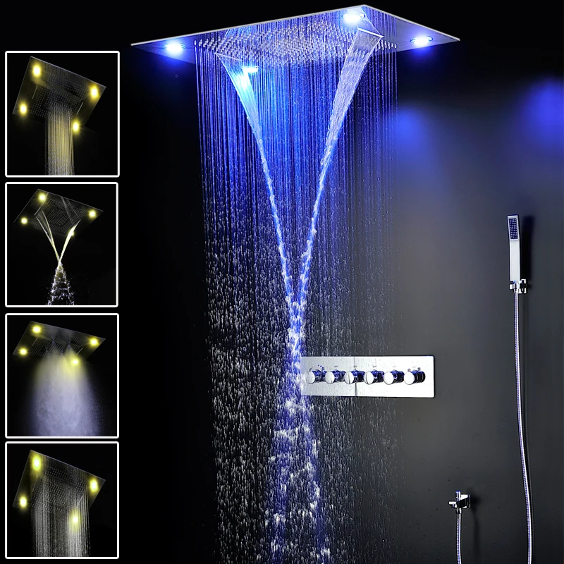 

Shower Faucets Set 24 inch Ceiling Large Rain Waterfall Mist LED Shower Panel Thermostatic 5 Ways Valve chrome