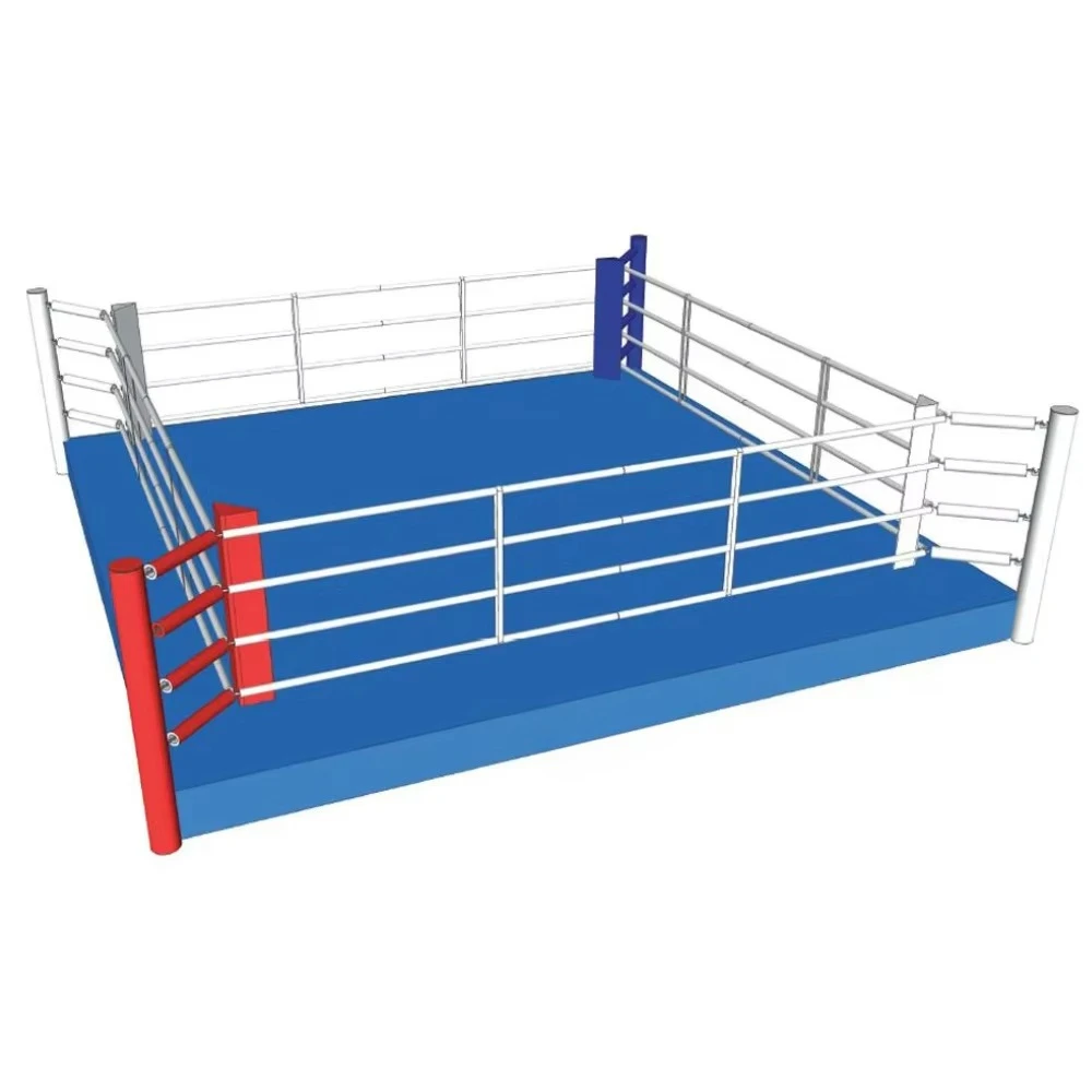 

Боксерский ринг 4x4 м с высокой платформой, прочная стальная конструкция, подходит для профессиональных тренировок по боксу и занятий спортом в помещении.