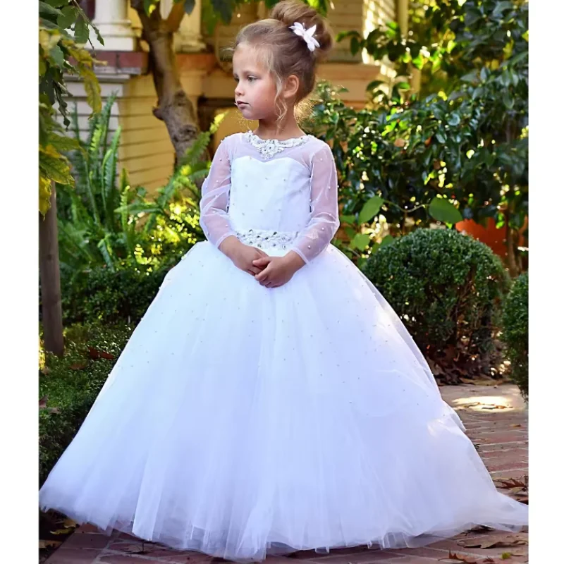 

White Long Sleeve Flower Girl Dress for Weddings Tulle Pearls Ball Gown Girls First Communion Dress Child 1-14T