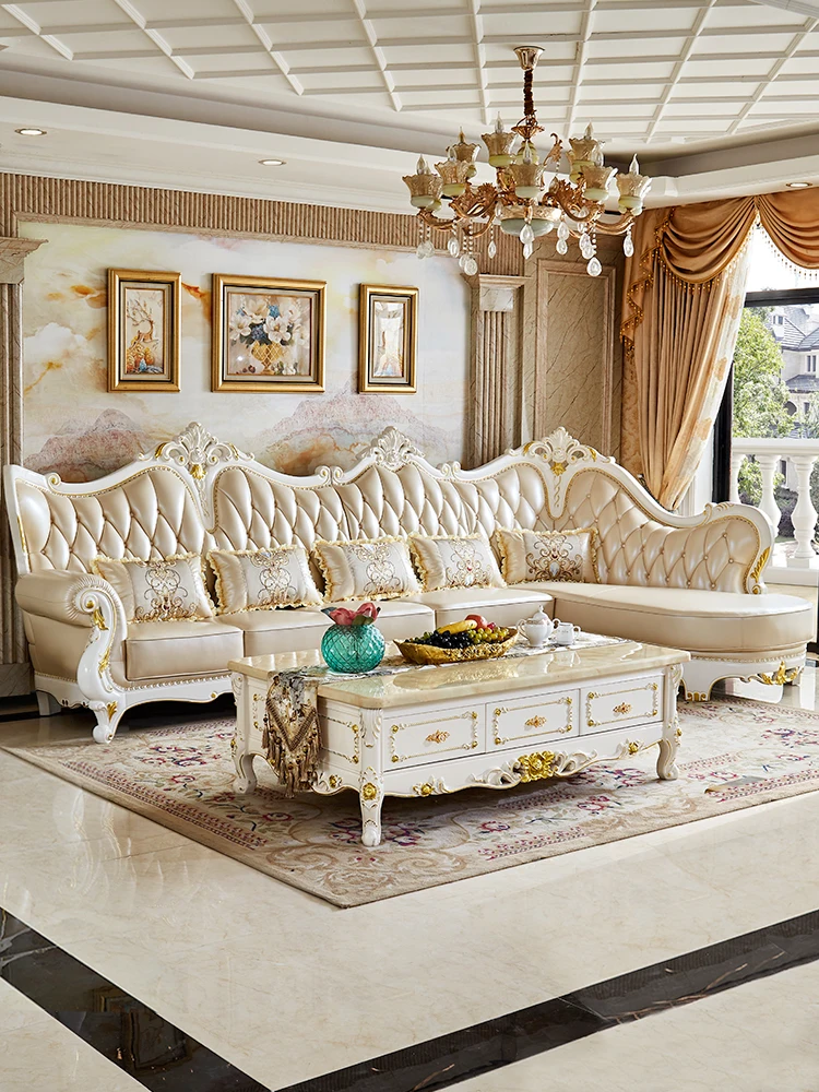 European style leather sofa combination Living room size apartment villa Jane European luxury all solid wood chaise concubine co