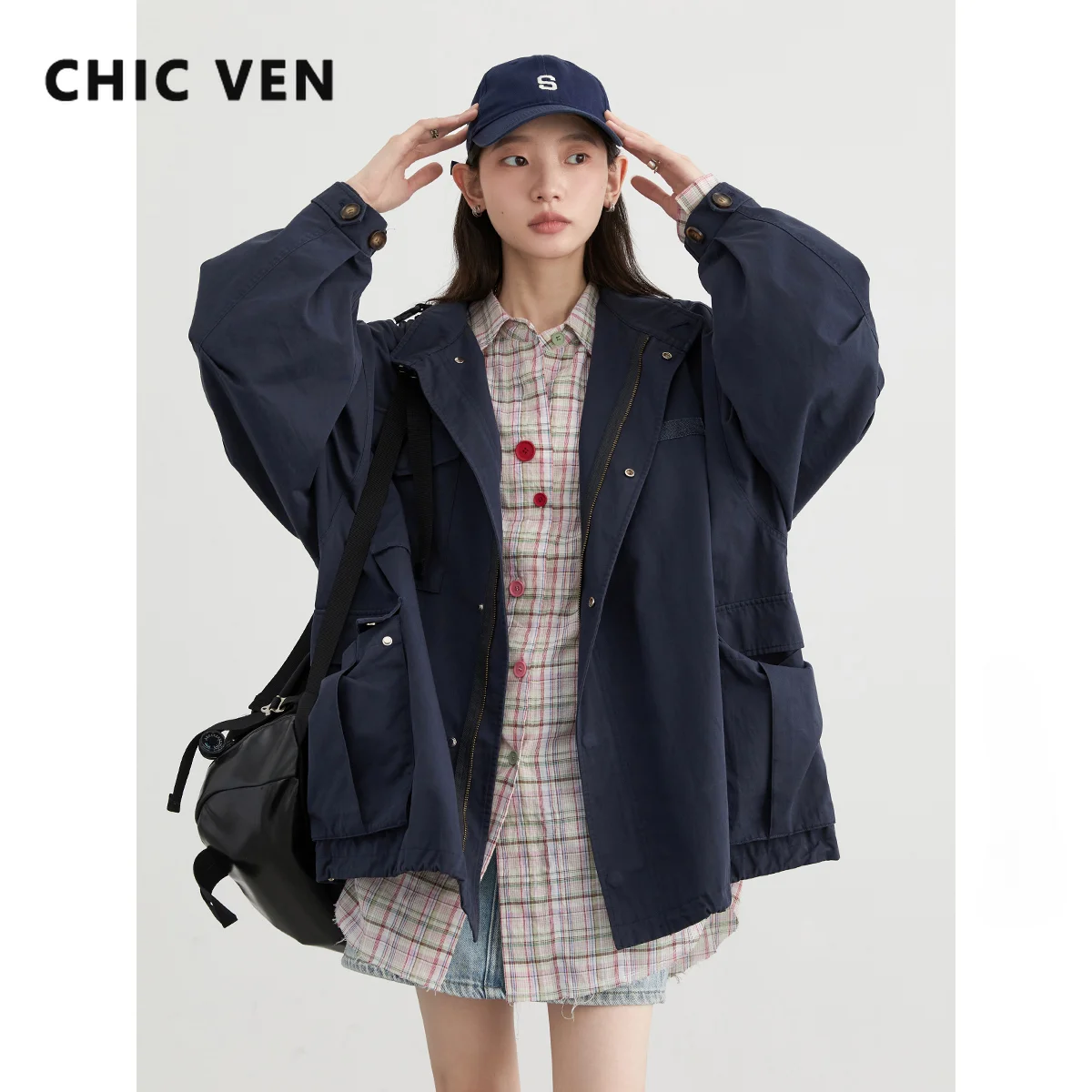 CHIC VEN 여성용 루즈 캐주얼 재킷, 빈티지 스탠딩 칼라, Tsuen 코튼 작업 세트, 바람막이 코트, 여성용 상의, 가을 2024, 신상 