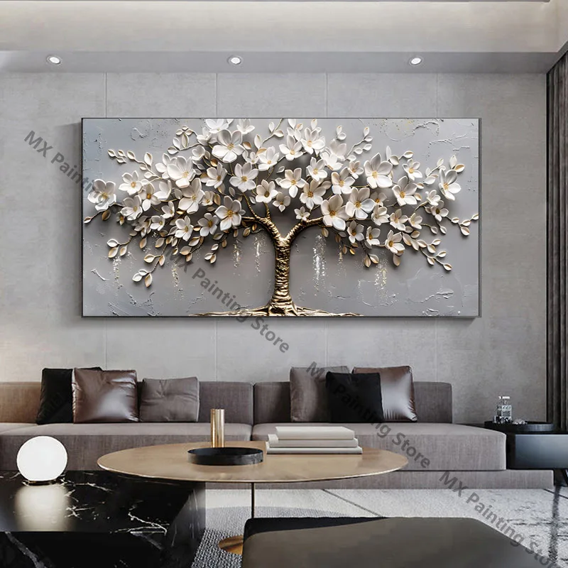 2D-Flachbaum mit weißen Blumen auf Leinwand, Leinwanddrucke, Poster, Heimdekoration, moderne Kunst, Wohnzimmer-Wanddekoration, Geschenk, ungerahmt