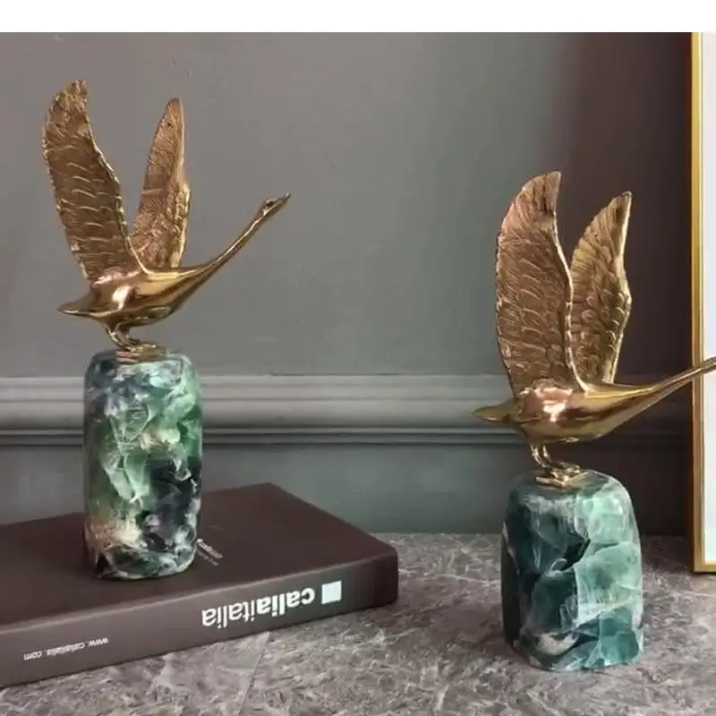 Crystal Fluorite Brass Swan Sculpture Ornaments Crafts Living Room Furnishings Desk Decoration Artwork Statue