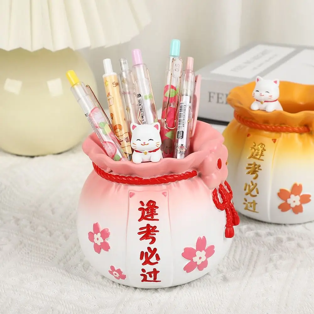 

Delicate Maneki Neko Lucky Bag Pen Holder Toast Cat Pencil Container Cute Resin Makeup Brush Case Desktop Storage