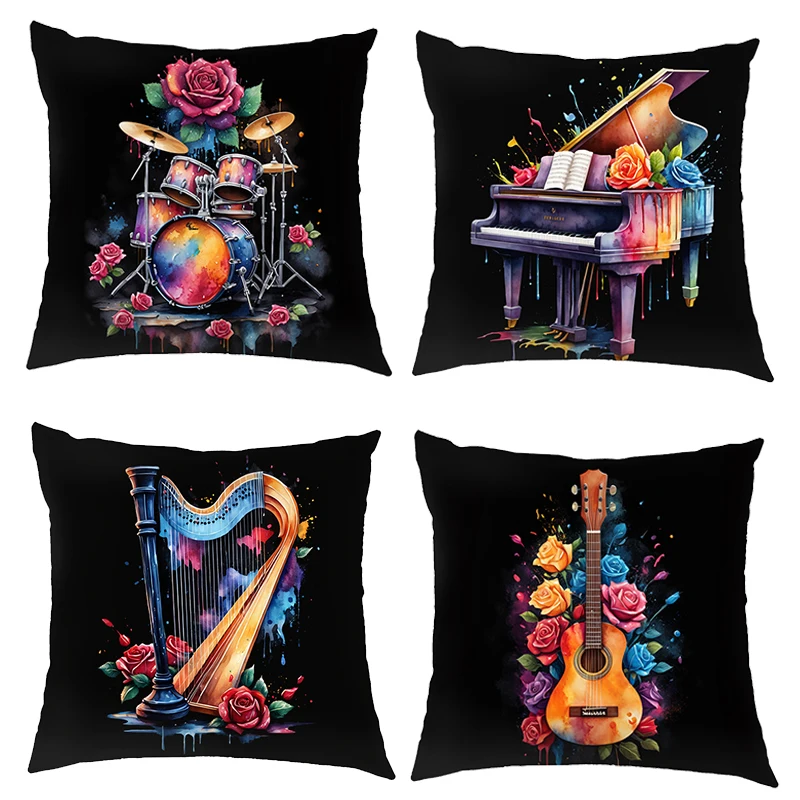 Musical Instruments Print Cushion Cover Guitar Piano Pillowcase Sofa Bed Car Decorative Pillow Case Covers for Living Room