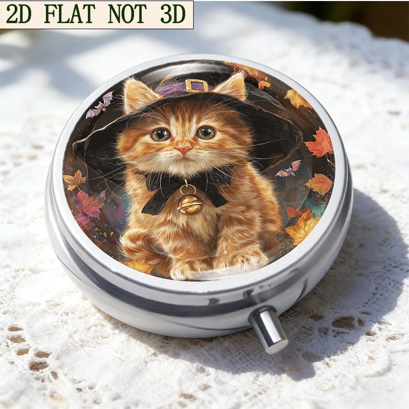 1 Three-Compartment Pill Box, Cute Orange Cat Wizard Hat Halloween Pill Box Model B, Portable Pill Box, Pill Box That Can Be Placed in a Purse or Wallet, Decorative Metal Vitamin Box, Perfect Gift for Halloween, Christmas, and Thanksgiving