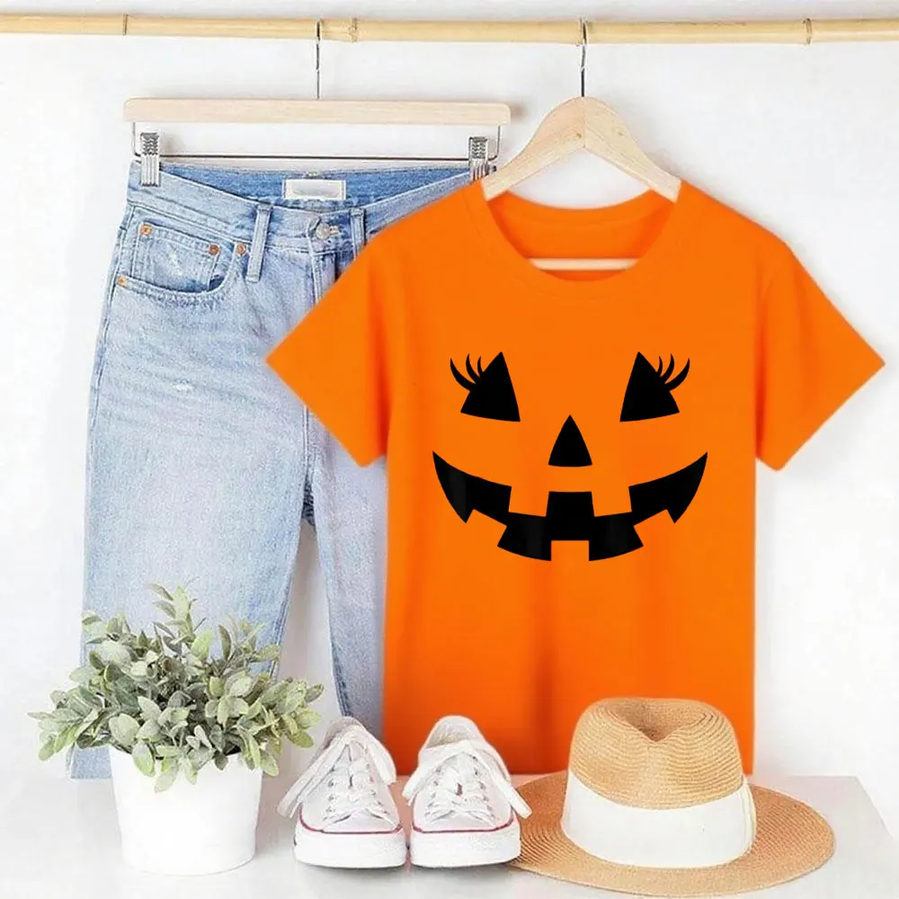 Jack O Lantern Face Pumpkin Eyelashes Hallowen Costume Funny T-Shirt Comfortable Personality Tops Women Funny Top Street Fashion