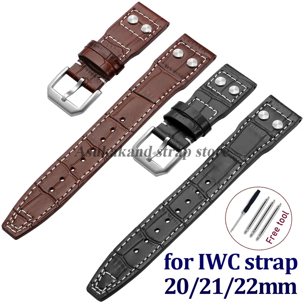 Correa de reloj de cuero genuino para hombre y mujer, color negro y marrón, 20mm, 21mm, 22mm, para piloto IWC, correa de reloj de cuero de vaca, accesorios