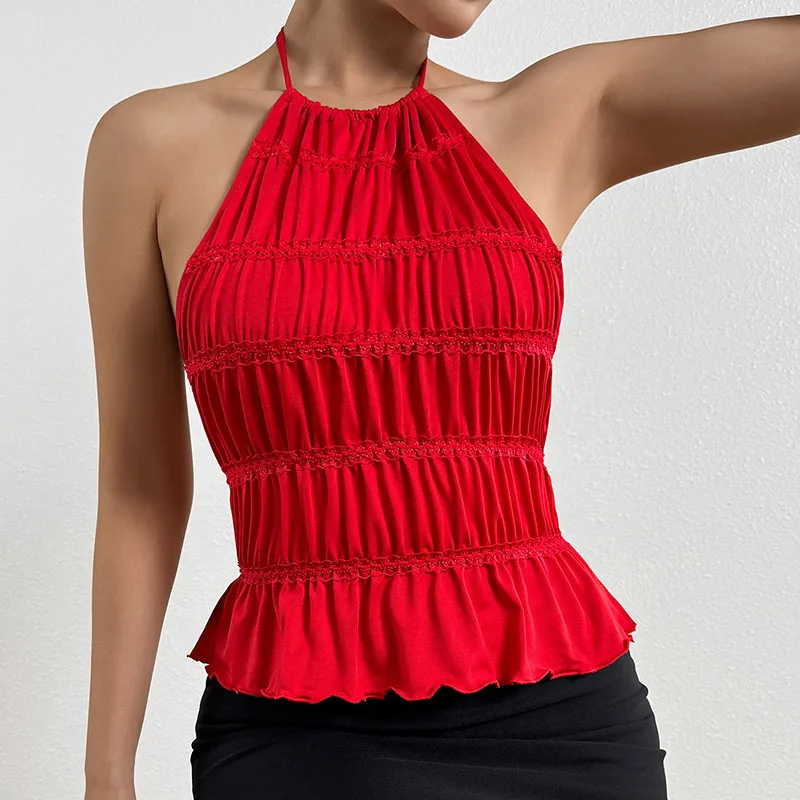 Y2K Spitzen-Transparentes Gerafftes Neckholder-Top für Damen, Einfarbiges Ärmelloses Rückenfreies Sommer-Strand-Top, Vielseitiges Streetwear Crop Tank Top