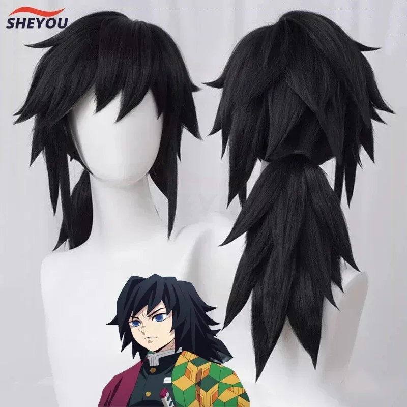 Tomioka Giyuu Cosplay Wig Anime Demon Slayer Kimetsu no Yaiba Black Ponytail Heat Resistance Synthetic Hair Wigs Free Wig Cap