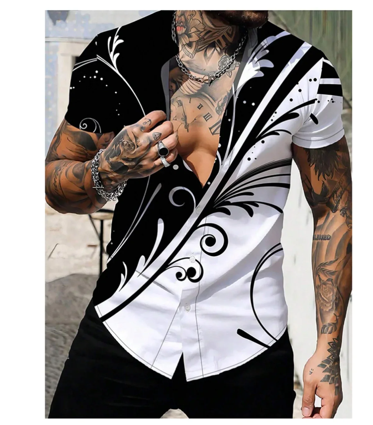 Men's Short Sleeved Feather 3D Printed Lapel Shirt, Button Up Top, Casual Street Fashion, High Quality, Summer