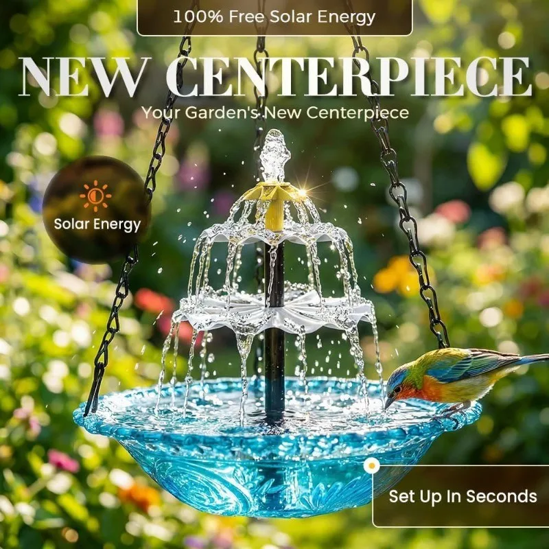 New solar cascading suspended bird bath fountain with glass bowl powered by solar energy