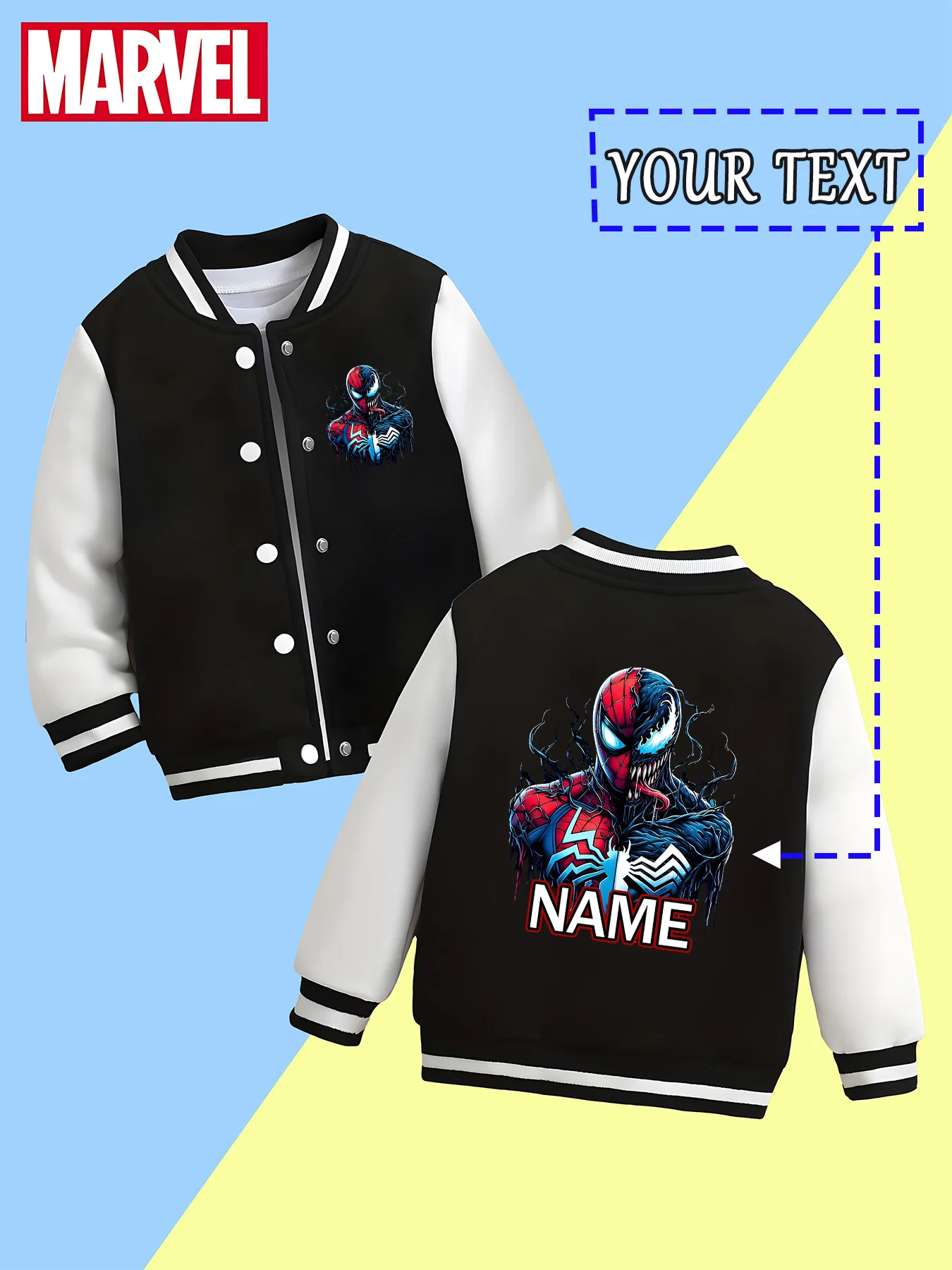 

MINISO Marvel Boys Baseball Jacket - Spider-Man Venom Symbiote Style, mysterious and cool, perfect for trendy streetwear and fan