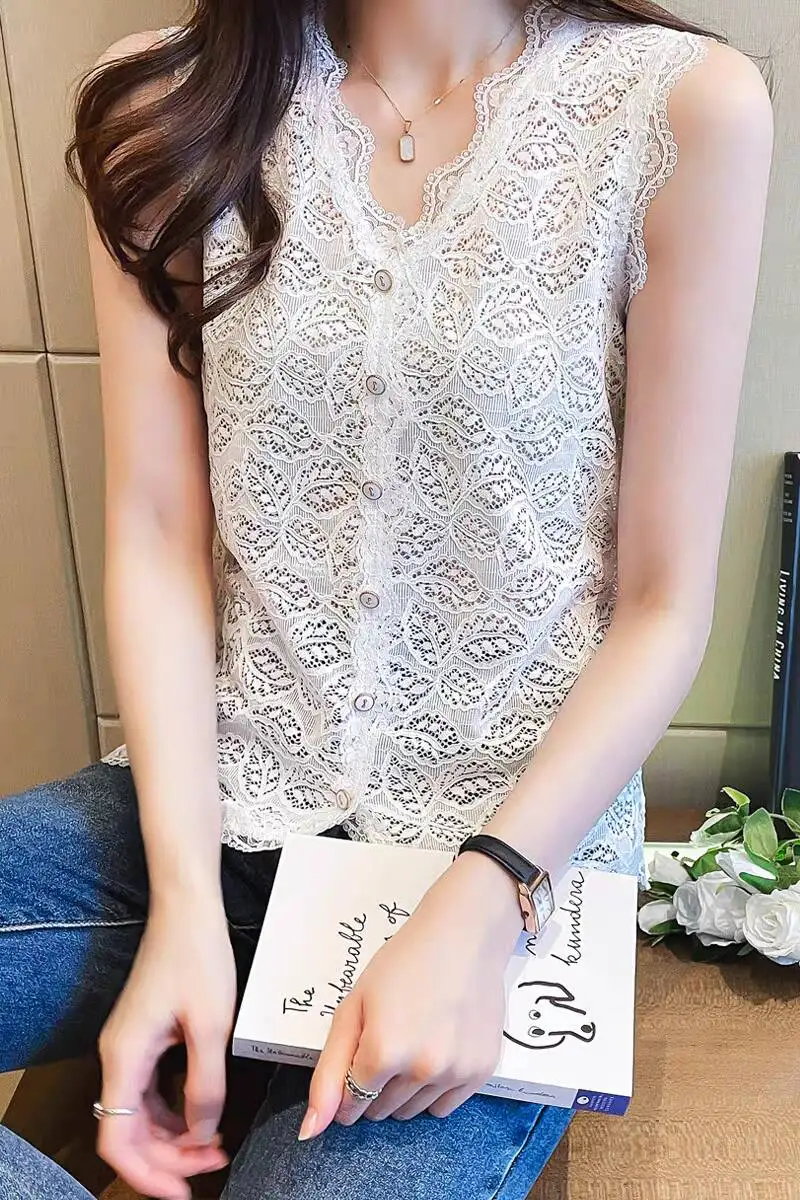 2024 Pullover All-match Lace V-neck Female Spring Summer Charming Fashion Tank Tops Solid Woman M-3XL Sleeveless Slim