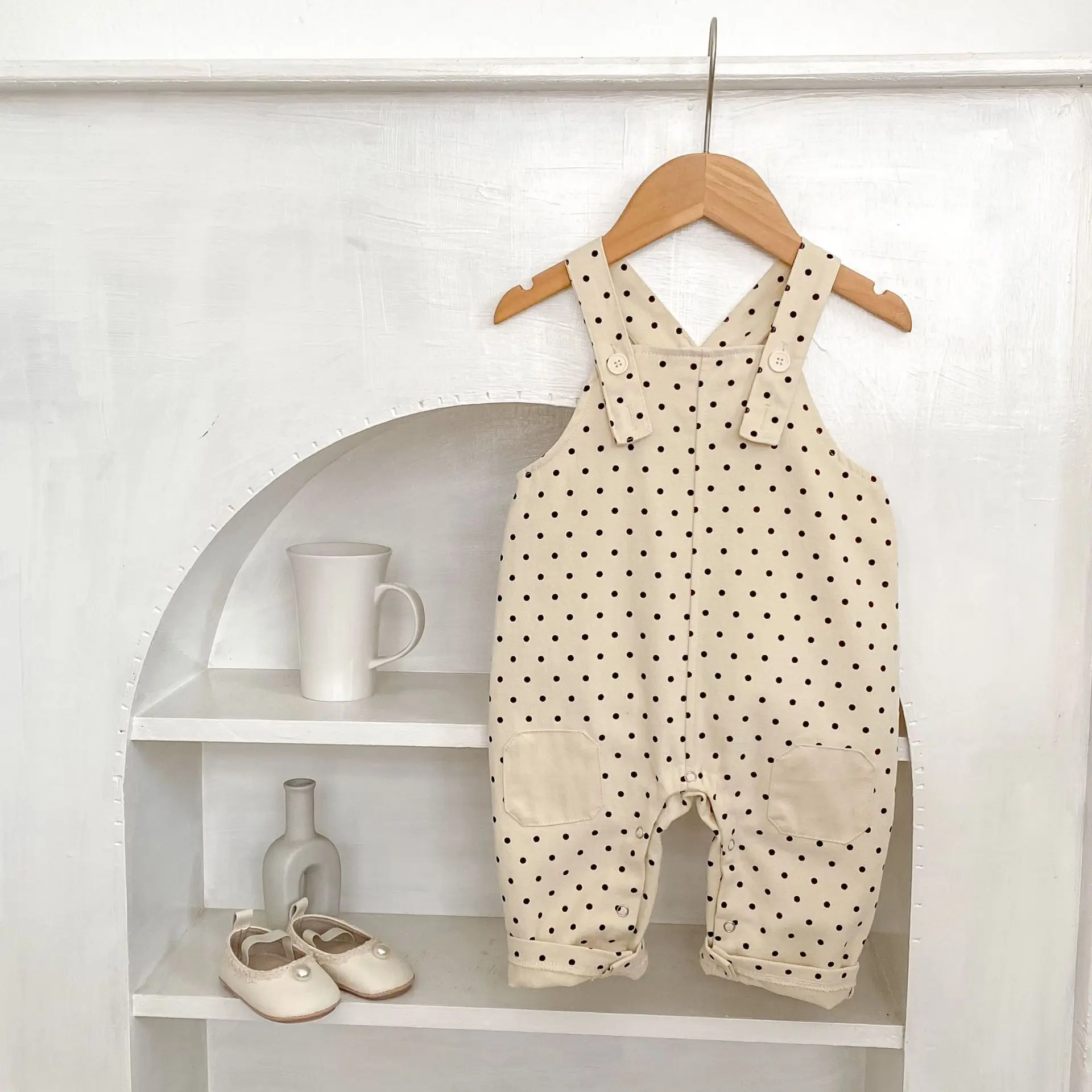 2025 Autumn Baby Overalls Pants with Polka Dots & Patches Korean Style Fashionable Toddler Suspenders Long Pants for Boys Girls