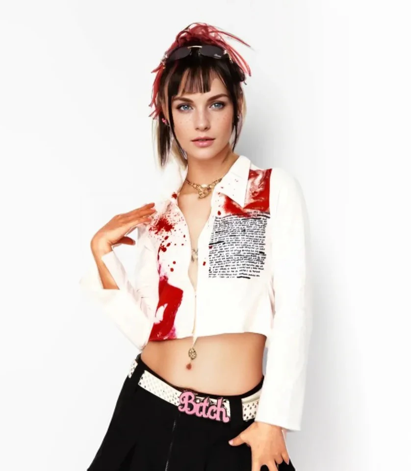 

2025 Summer Y2K Slim Long Sleeve Blood Print Elasticity Women's Short Shirt Sexy Button Detail Crop Top Party Blouse for Ladies