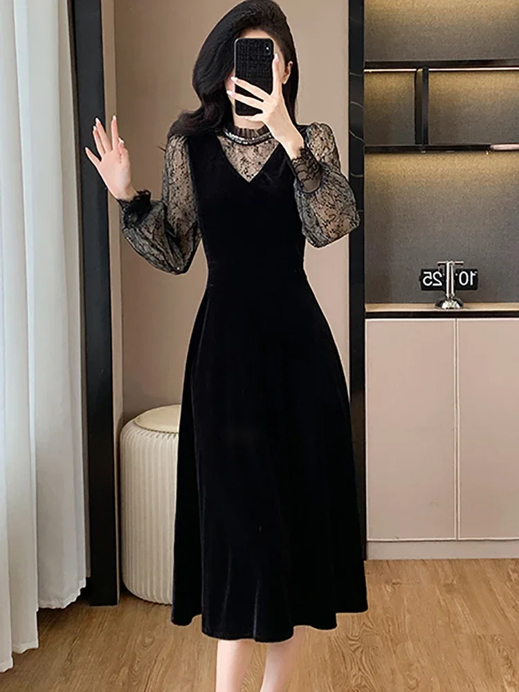 Koreańska sukienka damska Vintage Luxury Eveing Dress Autumn Winter Black Velvet Patchwork Mesh Sheer Dress 2024 Elegancka sukienka imprezowa Bodycon