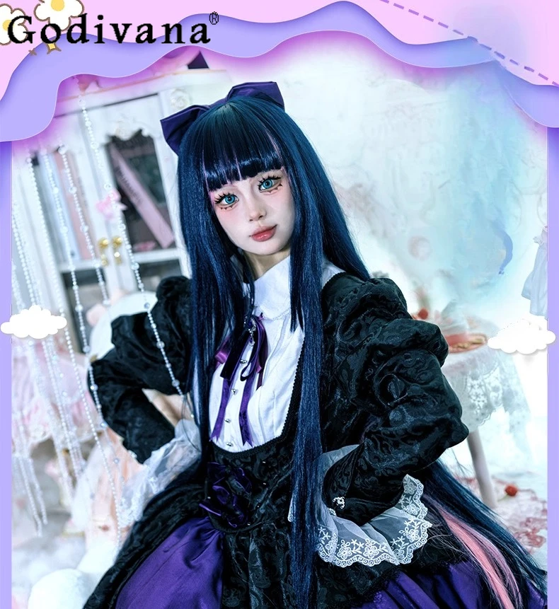 Lace Purple Lolita Dress for Women Panty with Garterbelt Stocking Cosplay Costume Dress Girls Striped Stockings Headwear Suit