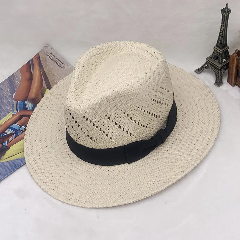 Hot Sale Striped Bowknot Flat Side Jazz Straw Top Hat Fine Hand Knitting High-end Straw Hat