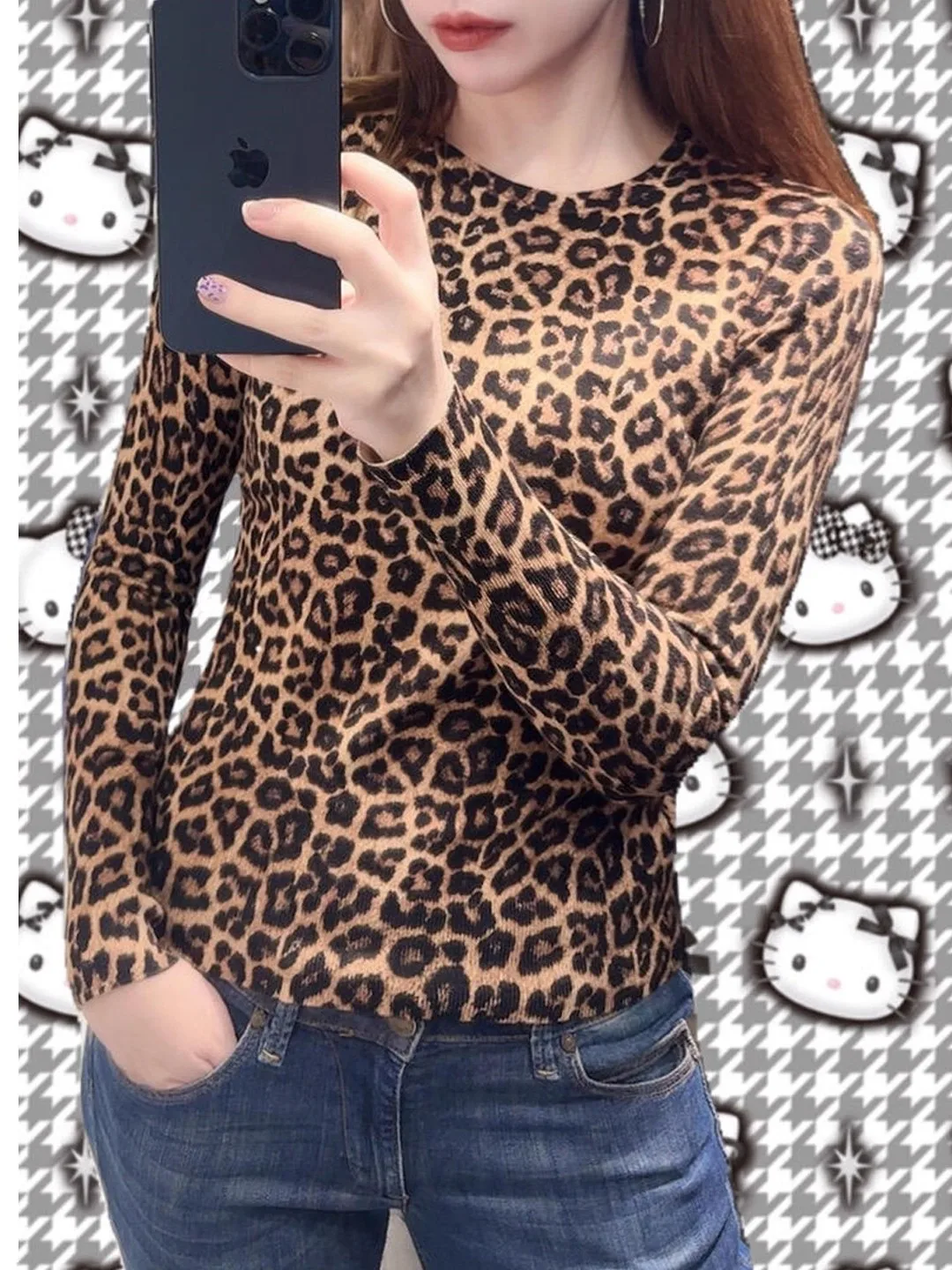 Retro Style Women's Long Sleeve round Neck Knitted T-shirt Animal Print Fashionable Summer Cotton Top New Arrival 2025 Autumn