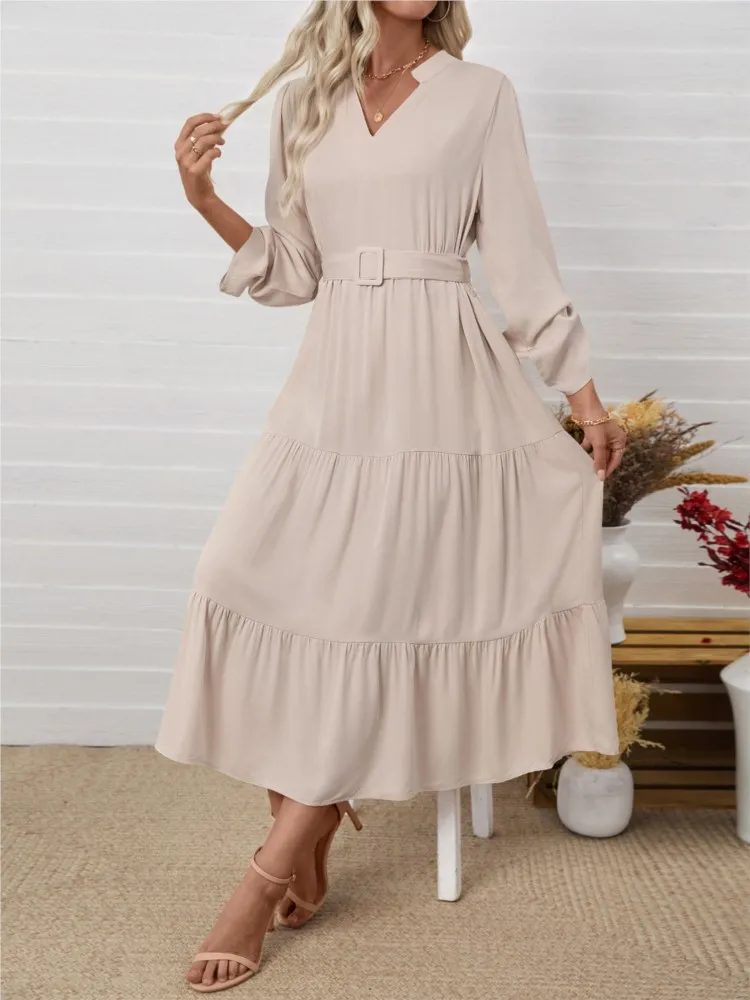 

Dresses 2025 Woman Commuting Casual Vestidos Simple Elegant Long Sleeve Solid Color Dress With Belt Temperament Simple Style
