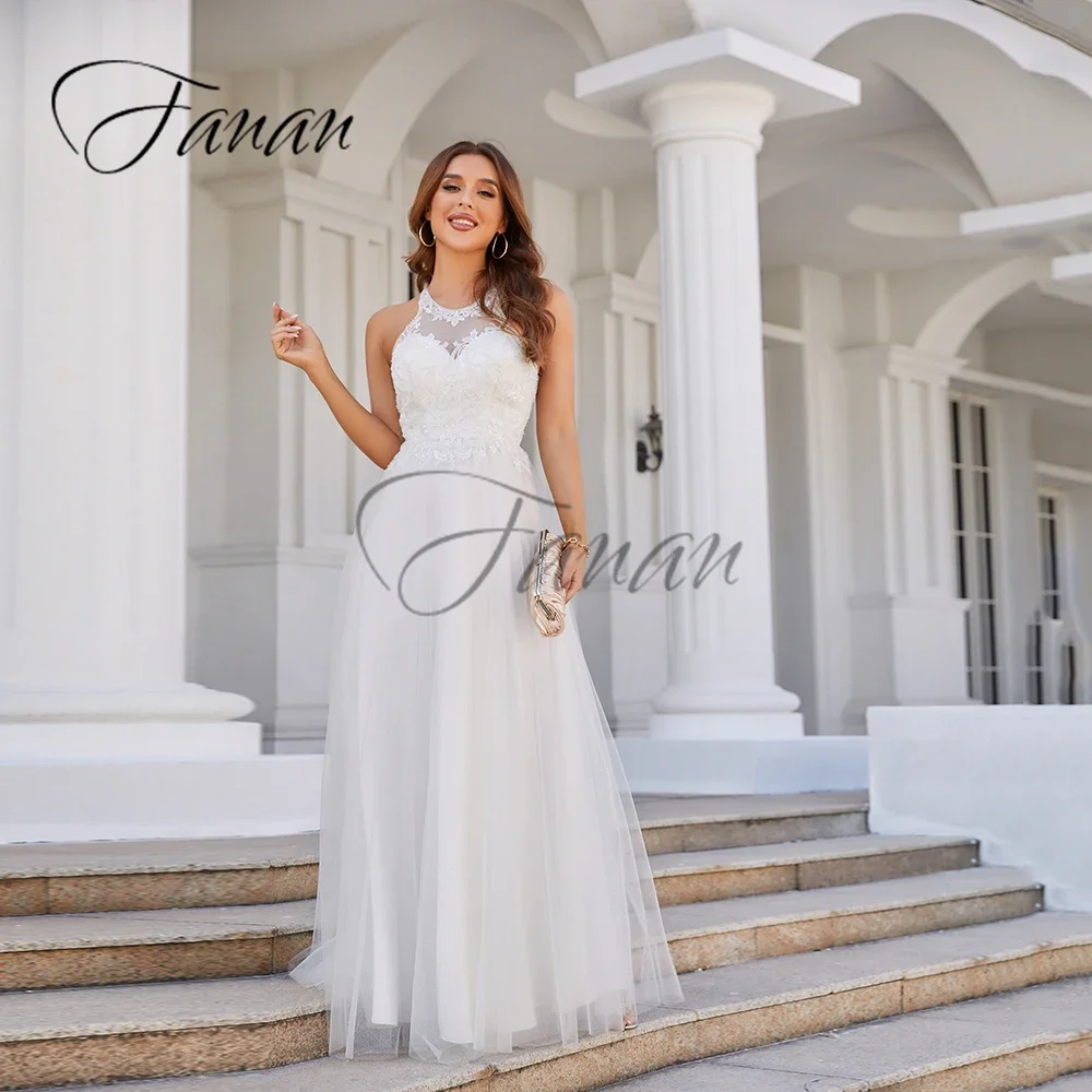 Abito da sposa a trapezio in pizzo con perline scintillanti abito da sposa senza schienale o-collo senza maniche in Tulle robe de mariée Appliques abito da ballo vestidos novia