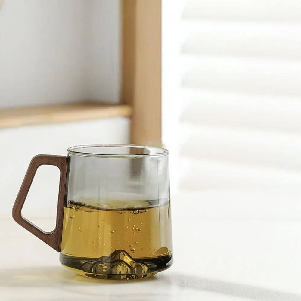 Internal Mountain Protrusion Glass Cup Large Capacity Single-layer Water Drinking Cup Heat-resistant Wooden Handle Tea Cup Gift