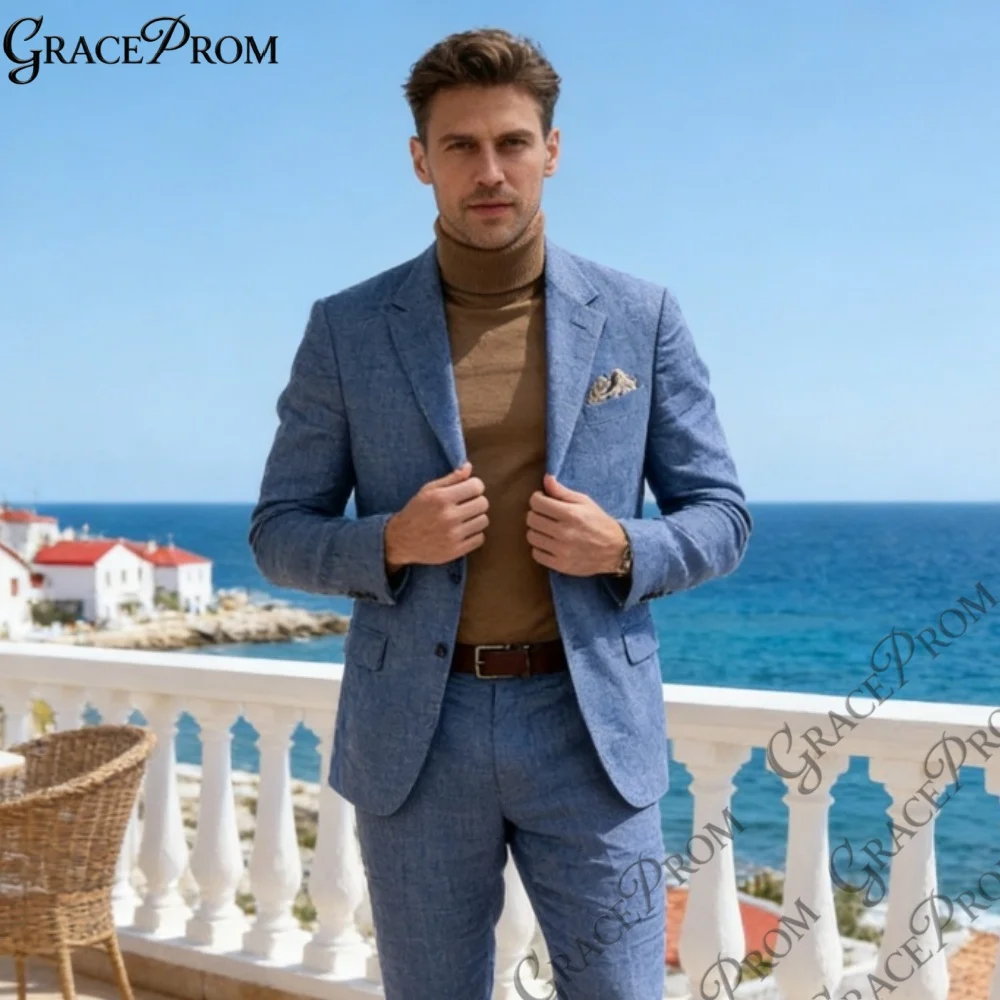 

Trending Blue Linen 2PCS Suit Slim Fit Notch Lapel Jacket And Pants Smart Casual Wear Best Selling For Beach Wedding Fall Events