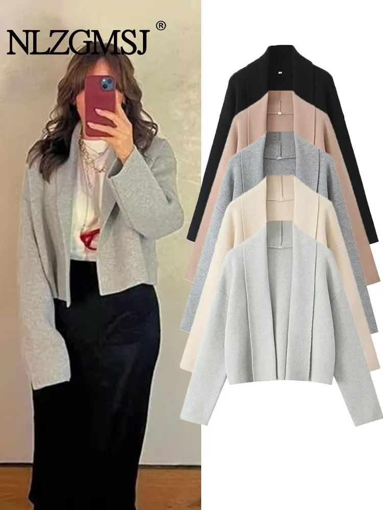 TRAF 2024 Autumn Elegant Knitted Women Cardigan Jacket Long Sleeve Shawl Collar Open Front Loose Sweater Coat