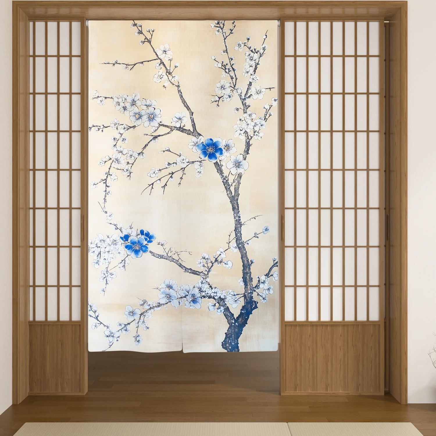 Japanese Noren Door Curtains Branches Blue Flower Bird Living Room Partition Doorway Curtains Kitchen Entrance Hanging Curtains