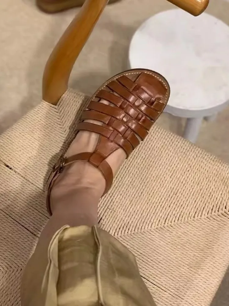 Vintage Weaving Design Women Gladiator Sandal Handmade Buckle Strap Hollow Out Cowskin Genuine Leather Sandal Casual Flat Shoes